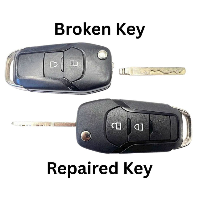 Comparison of a broken car key and a repaired key on a white background