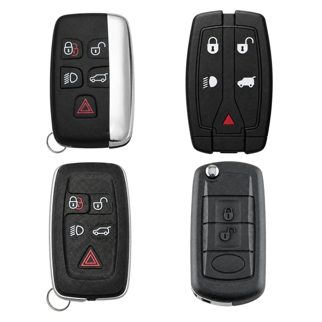 Four Land Rover and Range Rover remote key fob styles on a white background