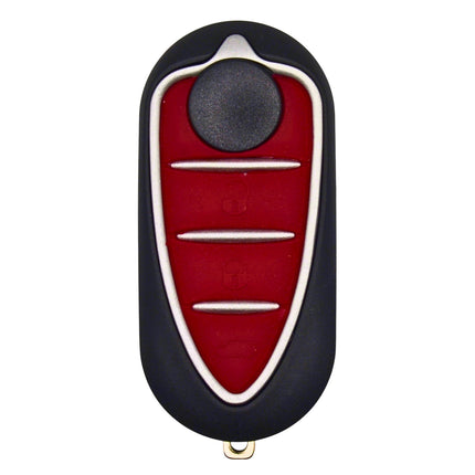 Car key fob with red and black design on a white background