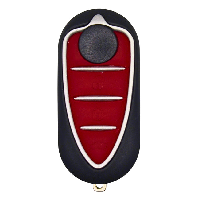 Car key fob with red and black design on a white background