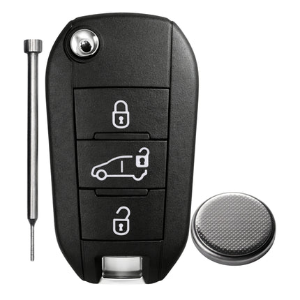 Citroen 3 button key fob with lock, unlock, and van icon buttons with a battery and a pin removal tool on a white background