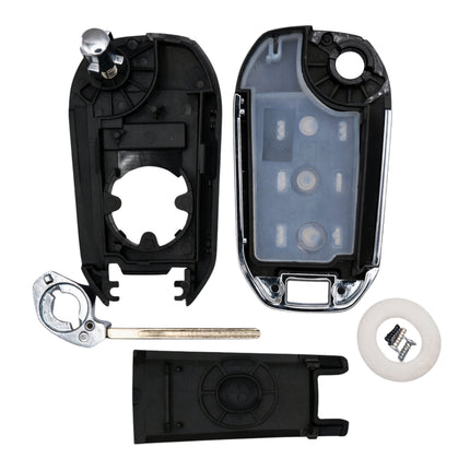 Internal components of Citroen 3 button key fob with front and back of key case