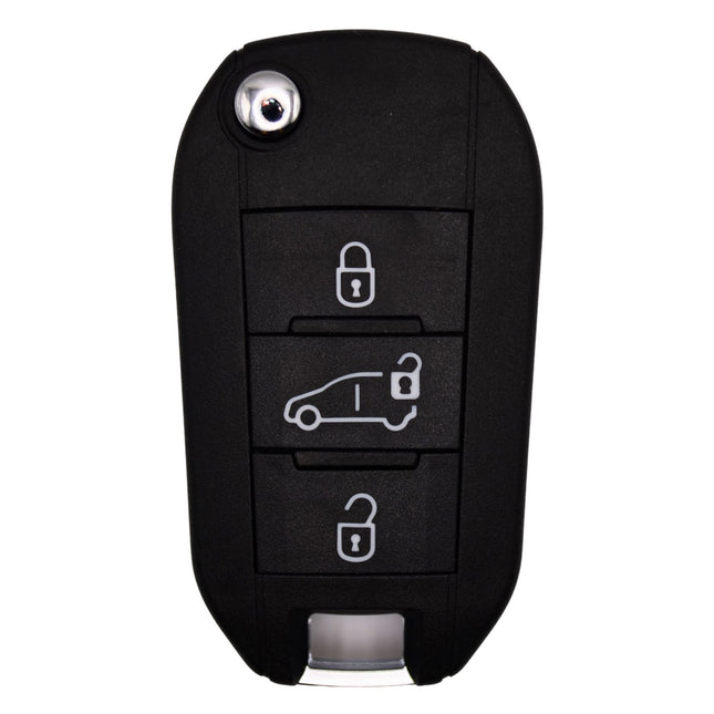 Citroen black car key fob with lock, unlock, and door icons on a white background
