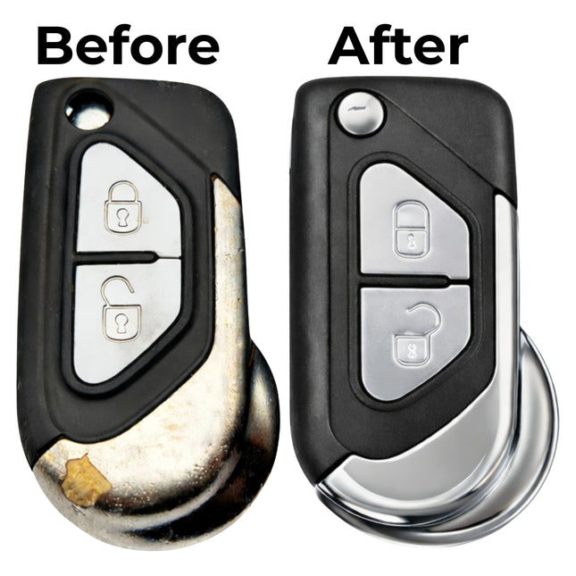 A citroen ds3 2 button key fob repair service showing one worn before and one new after black plastic casing