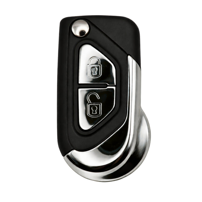 Citroen DS3 2-button replacement flip key fob case with lock and unlock buttons, black and chrome finish.
