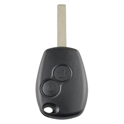 A dacia duster logan sandero 2 button black car key with a metal blade, featuring two circular buttons for locking and unlocking.
