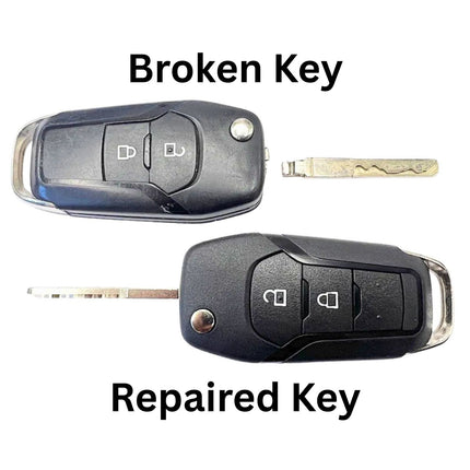 Comparison of a broken car key and a repaired key on a white background