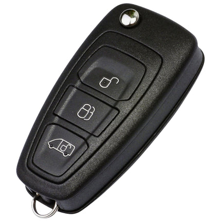 A ford transit custom 3 button black key fob with a metal blade, featuring three buttons for locking and unlocking.