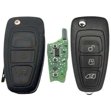 A broken ford transit mk8 van key fob showing a worn key casing and exposed green circuit board and a repaired black 3 button key with car-related symbols.