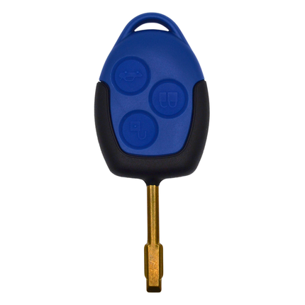 A ford transit 3 button blue and black key fob with a metal blade, featuring three buttons for locking and unlocking.