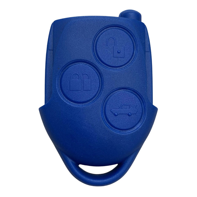 Ford Transit 3 button blue key fob case shell front view featuring 3 buttons lock unlock and rear door