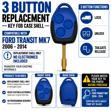 Ford Transit MK7 3 button blue replacement key case compatibility information