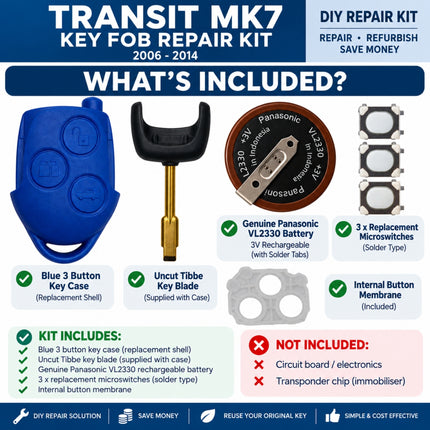 Ford Transit MK7 key fob repair kit contents with case battery and 3 micro switches
