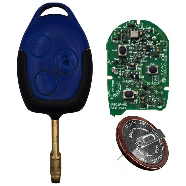A broken ford transit mk7 van key fob showing a worn blue casing and exposed green circuit board and a new battery.