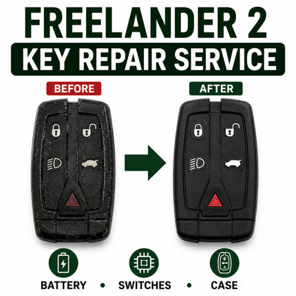 Freelander 2 key repair service comparison graphic showing a worn black key fob labeled 'BEFORE' next to a restored black key fob labeled 'AFTER' with an arrow between them and icons highlighting battery, switches, and case repair.