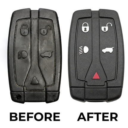 A broken land rover freelander 2 car key fob showing a before and after repair.