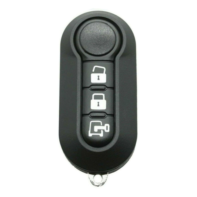 Black car key fob with lock, unlock, and trunk symbols on a white background