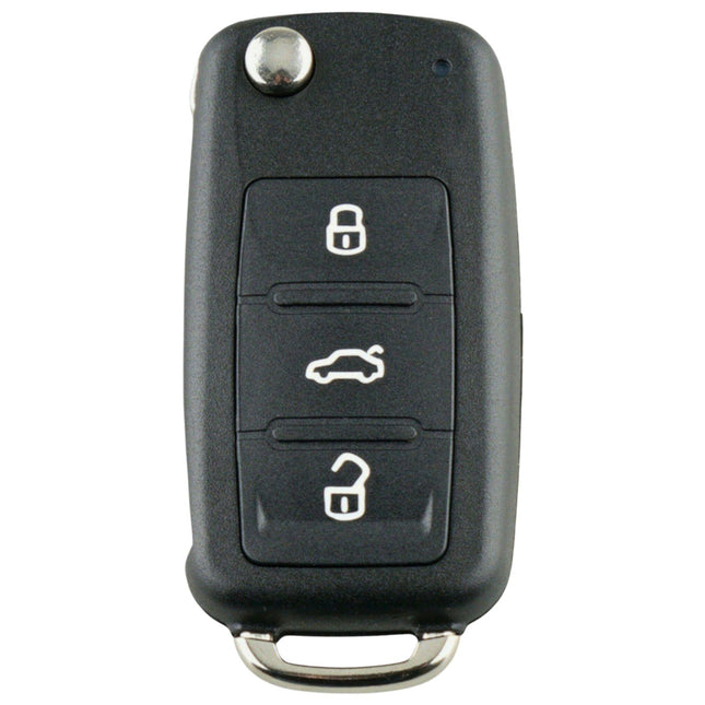 Black car key fob with lock, unlock, and door open icons on a white background