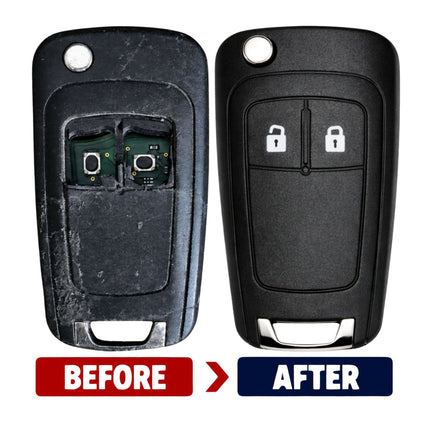 Vauxhall B12E 2 button flip remote key before and after repair