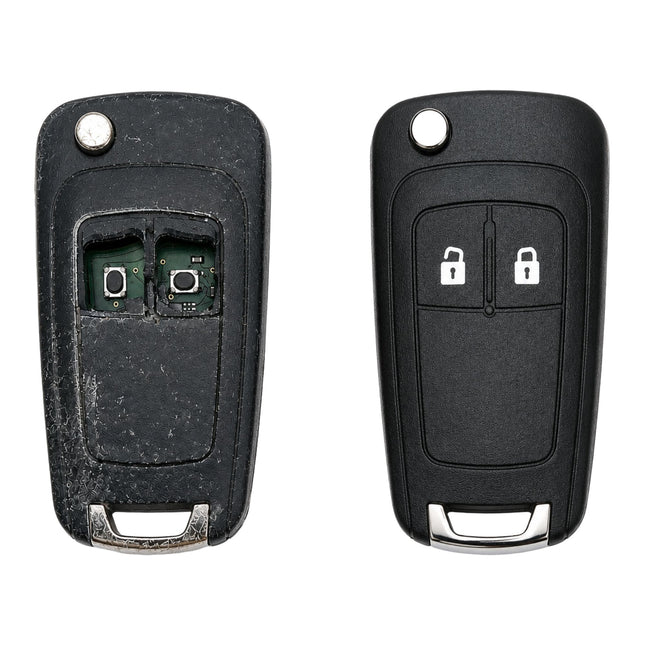 Vauxhall B12E 2 button flip remote key before and after refurbishment