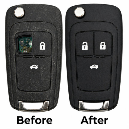 A vauxhall 3 button key fob repair service showing one worn before and one new after black plastic casing