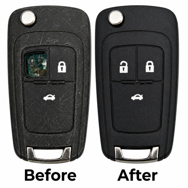 A vauxhall 3 button key fob repair service showing one worn before and one new after black plastic casing
