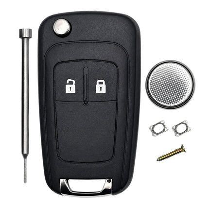 Black car key fob displayed with a pin removal tool, round battery, two micro switches, and a screw, arranged on a white background.