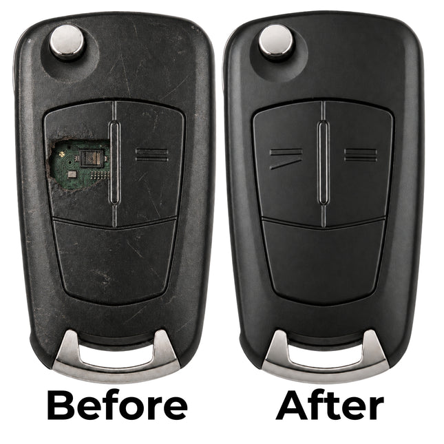 A vauxhall 3 button key fob repair service showing one worn before and one new after black plastic casing