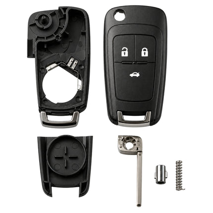 Disassembled key casing with front cover, back panel, key blade and battery compartment