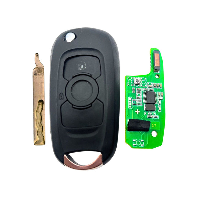 A vauxhall astra k car key fob repair service showing its components: a black plastic casing, a small metal keyblade, and a green electronic circuit board.