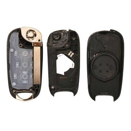 Disassembled car key casing with front cover, back panel and battery compartment