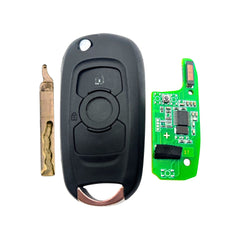 A vauxhall astra k 3 button car key fob repair service showing its components: a black plastic casing, a small metal keyblade, and a green electronic circuit board.