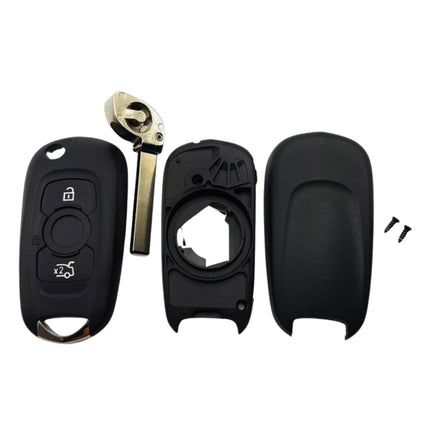 Disassembled car key casing with front cover, back panel and battery compartment