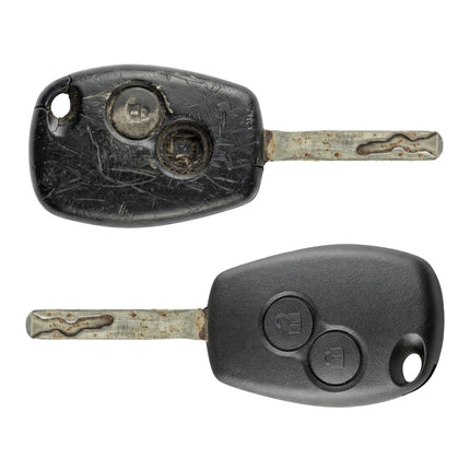 2 button vauxhall vivaro and movano key repair service showing a worn key and a repaired key