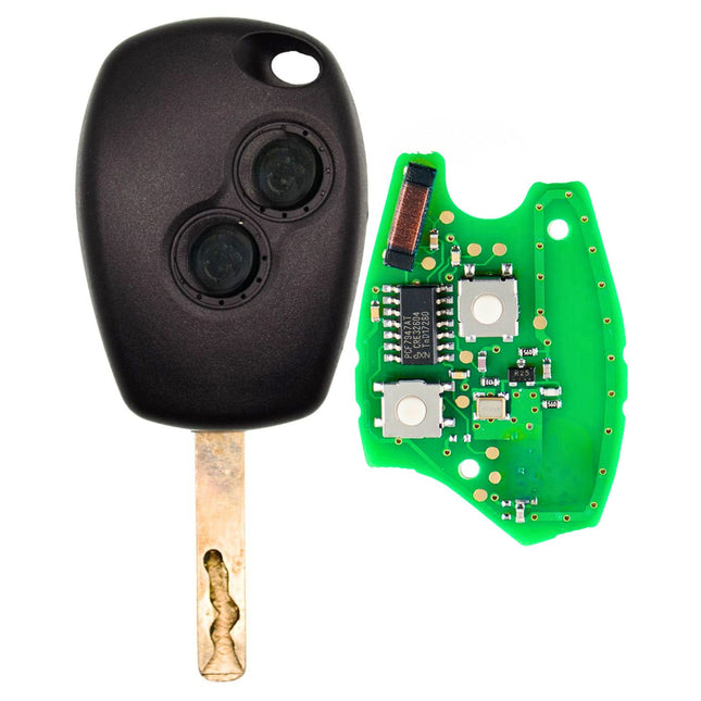 A vauxhall movano vivaro 2 button van key with a black plastic case is shown next to its exposed green circuit board with visible electronic components.