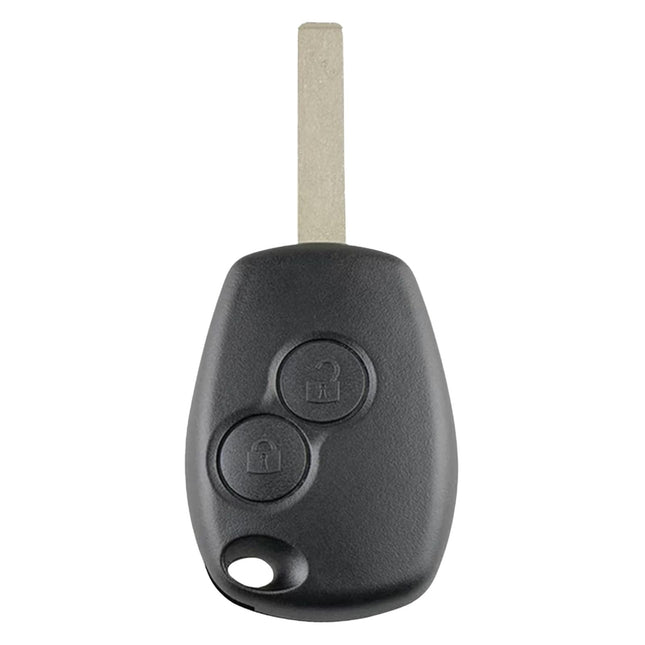 A vauxhall movano vivaro 2 button black car key with a metal blade, featuring two circular buttons for locking and unlocking.